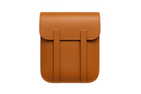 Brown leather satchel bag with flap closure and straps, essential fashion accessory on transparent background