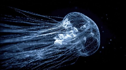 A translucent jellyfish floats gracefully against a deep black background, highlighting its delicate tentacles and soft purple hues in a dark aquatic setting.