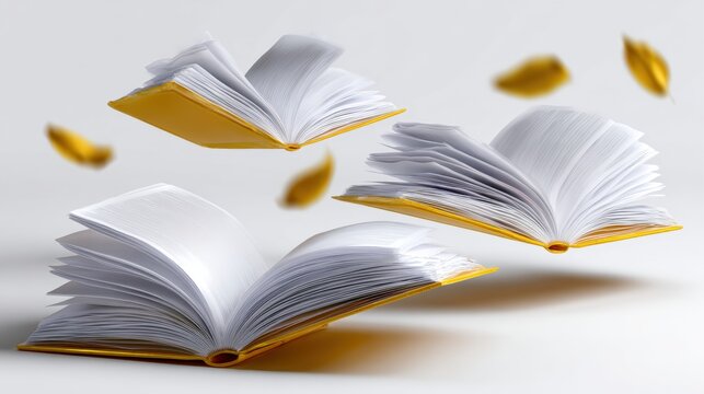 Numerous open books with bright yellow pages float mid-air against a clear background, creating a dynamic and surreal visual effect.
