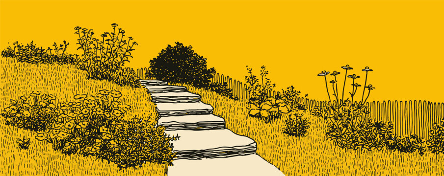 A yellow and brown drawing of a path with steps and a bush. The path is winding and the steps are made of stone
