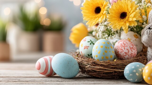 A basket filled with assorted colorful eggs sits on a wooden table, showcasing vibrant reds, blues, yellows, and greens in natural daylight.