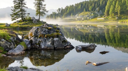 Serene Mountain Lake Landscape with Rocky Shore and Green Forest in Morning Light