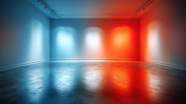 Minimalist interior featuring a red and blue painted wall with a smooth white floor, ideal for modern design and creative space concepts.