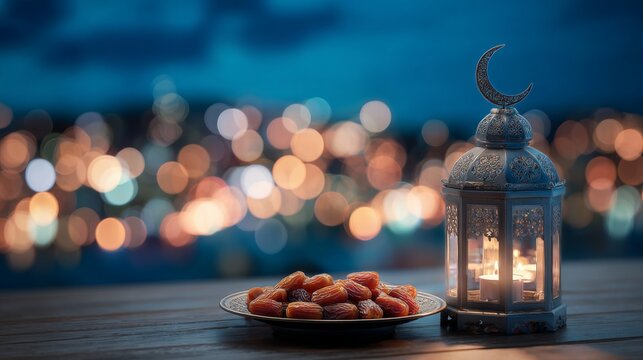 Ramadan kareem lantern with crescent moon on top beside a small plate of dates against a glowing city bokeh night sky celebrating islamic holy month traditions - Powered by Adobe