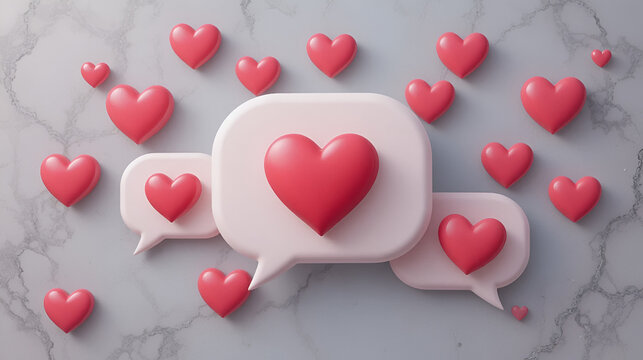 3D chat bubbles with heart symbols for love messages