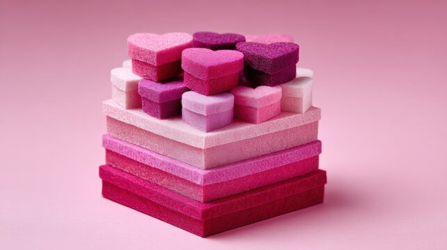 Stacked multicolored heart shapes layered against a plain white background, vibrant and symmetrical, ideal for love, romance, and celebration themes.