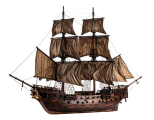 A detailed model of a brown sailing ship with multiple masts and sails displayed, isolated on transparent background
