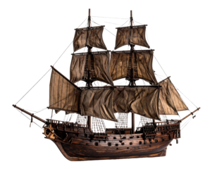 A detailed model of a brown sailing ship with multiple masts and sails displayed, isolated on transparent background