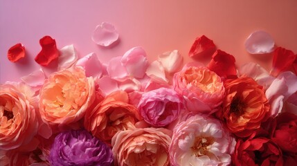Vibrant multicolored flowers arranged on a smooth pink surface, showcasing a bright and colorful floral composition ideal for spring or decorative themes.