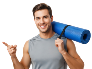 Athletic Man with Yoga Mat Pointing Happy Healthy Lifestyle Training