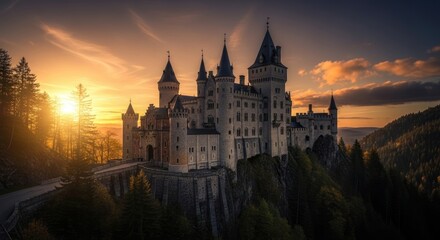 Fairytale Castle on Mountain Peak at Golden Hour Sunset, Dramatic Medieval Fortress Landscape