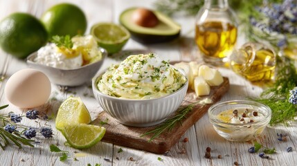 Creamy mashed potatoes served in a white bowl garnished with fresh green limes and herbs, set on a light wooden surface under natural daylight.