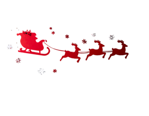 Red santa claus in a sleigh being pulled by three reindeer with snowflakes around them, isolated cutout