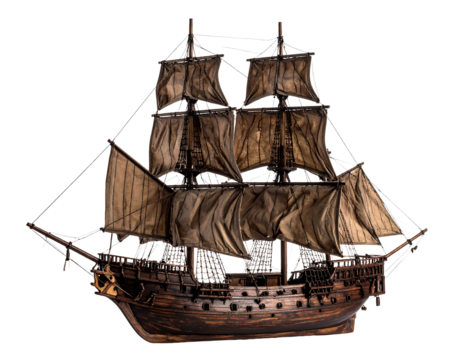 A detailed model of a brown sailing ship with multiple masts and sails displayed, isolated on transparent background