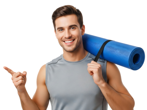 Athletic Man with Yoga Mat Pointing Happy Healthy Lifestyle Training
