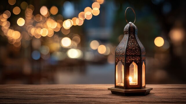 Glowing ramadan kareem lantern on rustic wooden table with soft bokeh lights in background for festive islamic celebration and spiritual ambiance