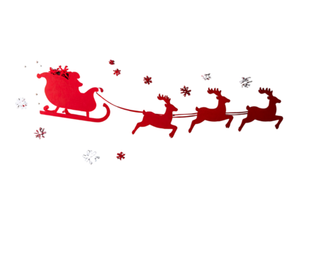 Red santa claus in a sleigh being pulled by three reindeer with snowflakes around them, isolated cutout