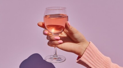 Close-up of a hand holding a clear wine glass filled with red wine against a solid purple background, perfect for beverage or celebration themes.