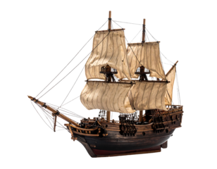 Detailed model of a black and brown sailing ship with tan sails and rigging, displayed on clean white background