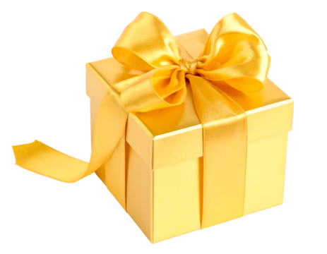 Golden yellow gift box tied with a matching satin ribbon and bow, presented on a white background png cutout