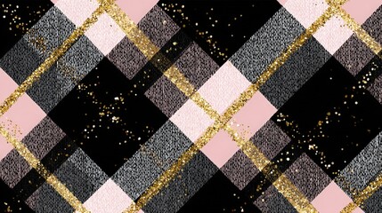 Close-up of black and pink plaid fabric accented with shimmering gold glitter, showcasing texture and vibrant color contrast, ideal for fashion or holiday-themed designs.