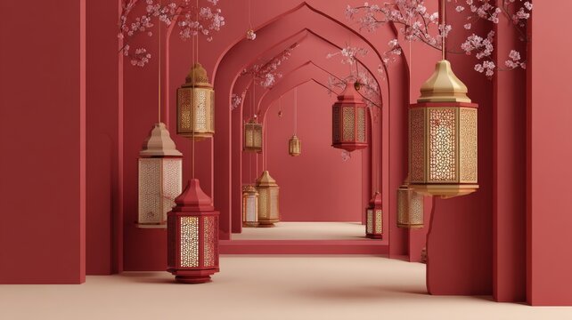 Luxury 3d islamic lanterns glowing on festive background for ramadan kareem, eid al-fitr, and eid al-adha celebration with spiritual and elegant holiday ambiance