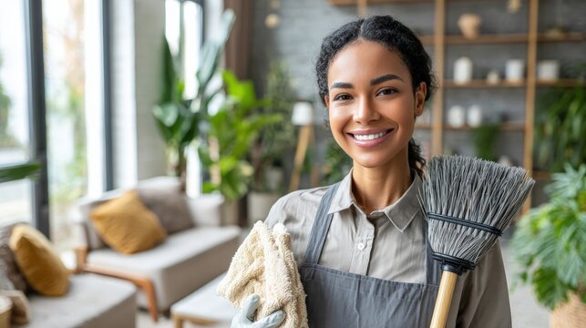 Smiling woman holding a broom and duster in a bright living room with modern decor, cleaning during daytime, showcasing household chores and home care. - Powered by Adobe