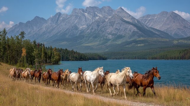 Horses walking along a dirt path beside a calm lake with mountain peaks in the background under a clear sky during daytime. - Powered by Adobe