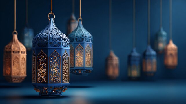 Luxury 3d islamic lanterns glowing on festive background for ramadan kareem, eid al-fitr, and eid al-adha celebration with spiritual and elegant holiday ambiance