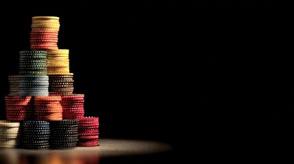 Close-up of neatly arranged stacks of golden coins on a wooden table against a black background, highlighting wealth and financial growth concepts.