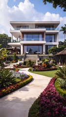 Luxurious Modern Villa with Manicured Gardens and Scenic Pathway.