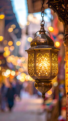 Golden Arabic lantern with intricate patterns glowing at a traditional souk.