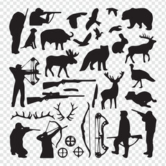 Hunting silhouettes with animals hunters and equipment for outdoor activities