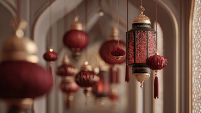 Elegant luxury ramadan kareem lantern decor with glowing golden light on soft 3d islamic background creating festive spiritual ambience for eid mubarak and islamic new year celebration