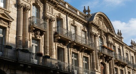 Fototapeta premium Ornate European Historic Building Facade with Classical Architecture and Balconies