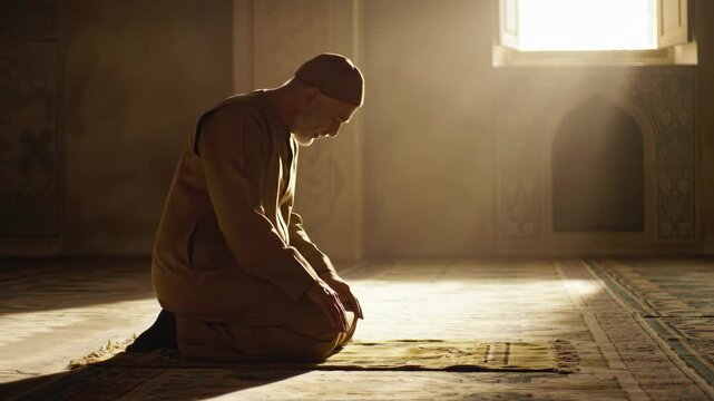 Man Praying in a Mosque, Illuminated by Sunlight, Spiritual Moment.