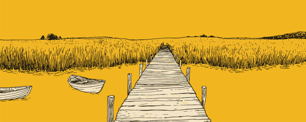 A yellow background with a wooden bridge and a boat in the foreground. The boat is located near the left side of the bridge