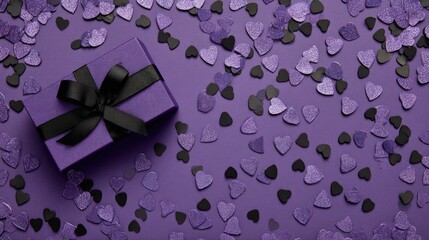Purple gift box tied with black ribbon surrounded by heart-shaped confetti on a purple background, perfect for romantic or celebration themes.