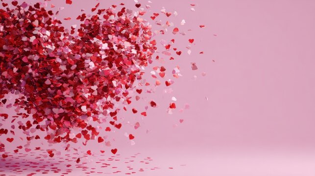 Heart-shaped red confetti falling against a soft pink background, creating a festive and romantic scene ideal for celebrations and love-themed designs. - Powered by Adobe