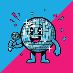 A cartoon disco ball character with arms and legs, holding a microphone and singing with a happy expression.