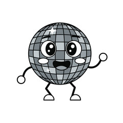 A cartoon illustration of a disco ball with a happy face, arms, and legs, waving.