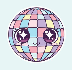 Cute disco ball with kawaii eyes and a sweet smile, pastel colors.