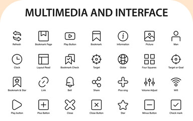 Essential Multimedia and Interface Icons Collection. play, bookmark, target, clock, and star designs for universal use.