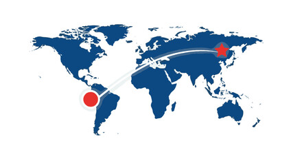 Naklejka premium Global trade route illustration: Brazil to China, featuring stylized world map and shipping path. Conceptual shipping and global business vector.