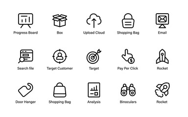 Business and Digital marketing icons. analytics symbols, e-commerce elements, cloud tools, and growth-focused digital interface signs