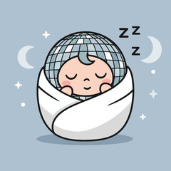 Cute baby sleeping inside a disco ball blanket, surrounded by stars and moons.