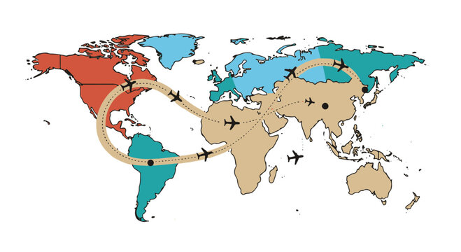 World map illustration with airplane route showcasing international travel and global tourism for vacation planning and business trip itineraries