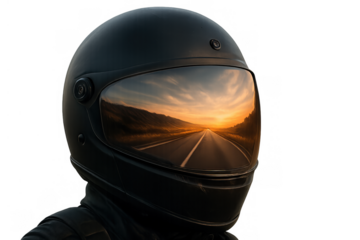 Motorcycle rider helmet reflecting sunset road on visor, symbolizing freedom, adventure, and journey with a transparent background