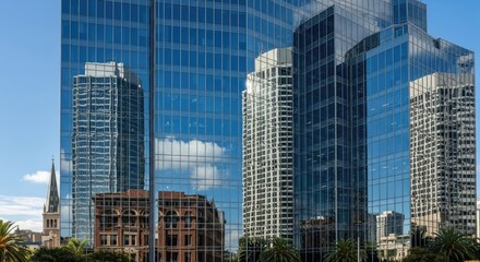 Fototapeta premium Modern Glass Skyscraper Facade Reflecting Cityscape and Historic Architecture