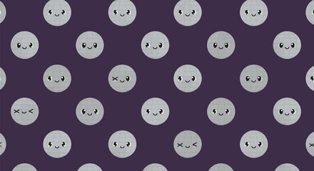 A seamless pattern of cute gray polka dots with kawaii faces on a dark purple background.